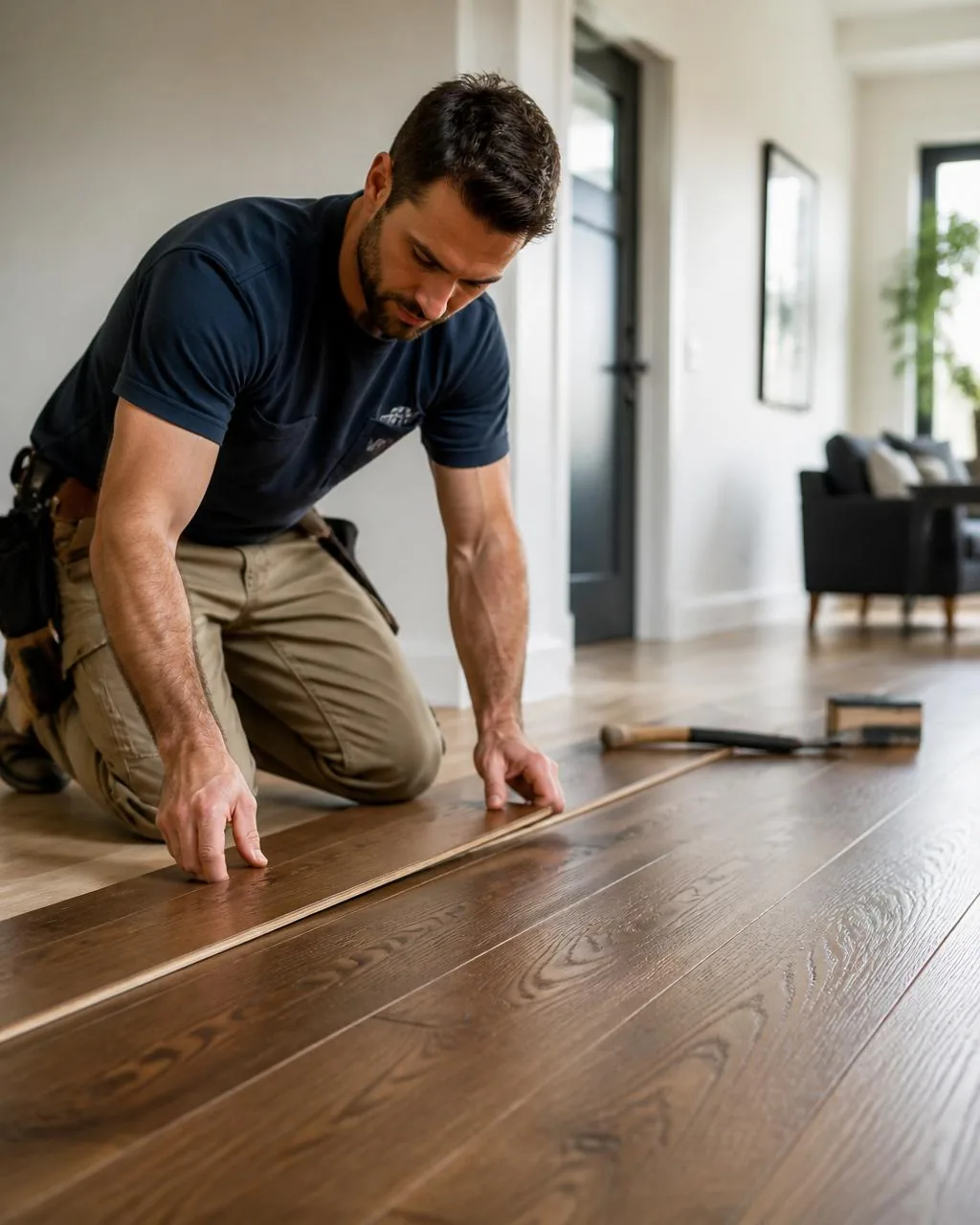 Flooring installer laying a hardwood plank with care
